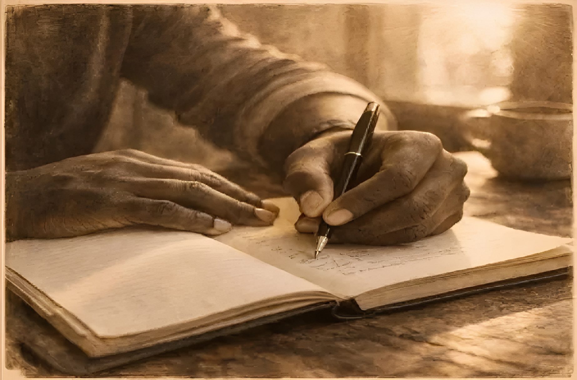 Hands writing in a journal
