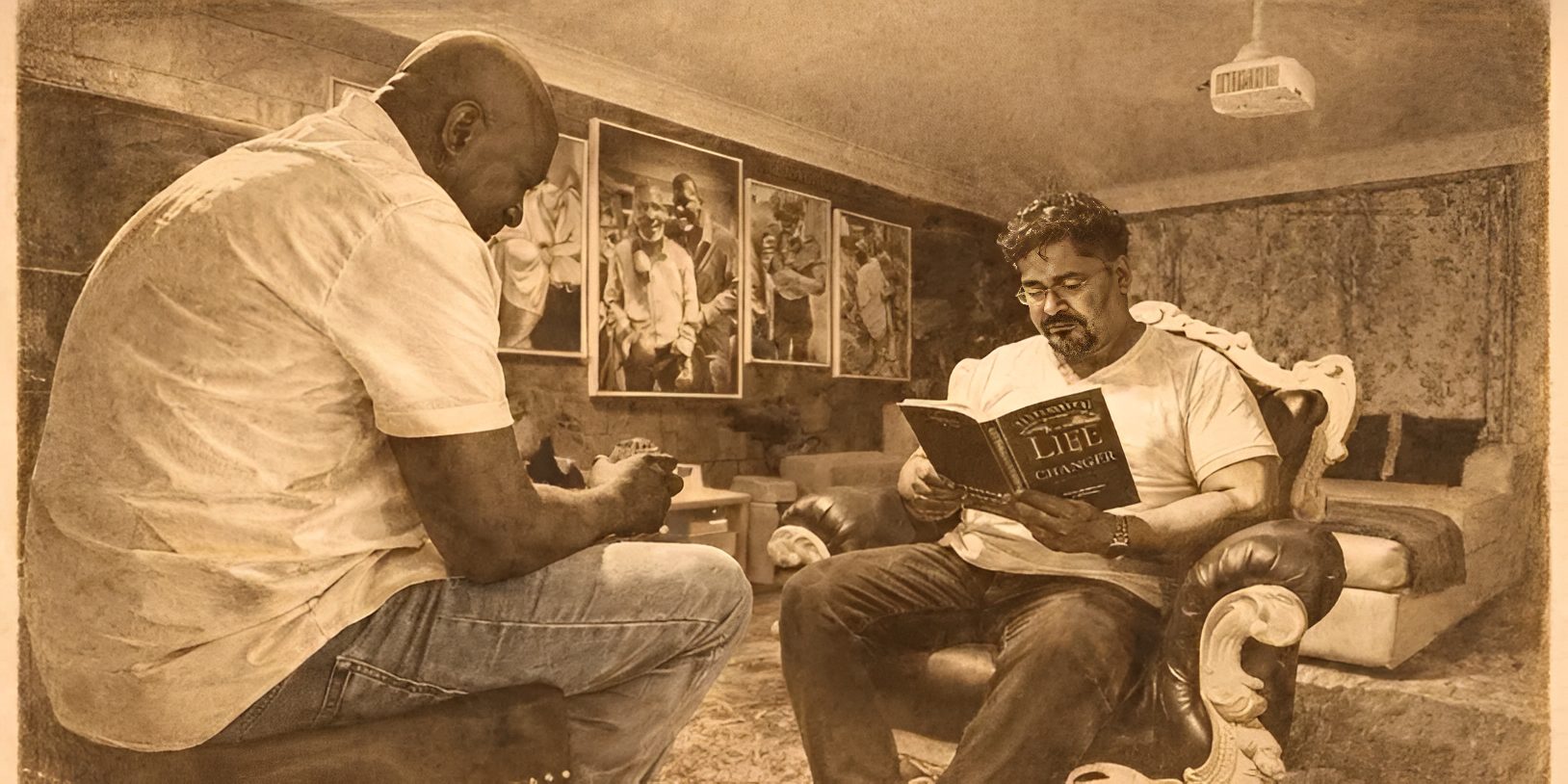 Men in conversation in vintage style room.