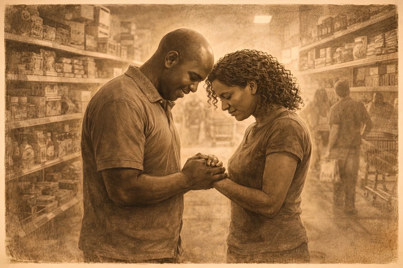 Intimate moment in a supermarket setting.