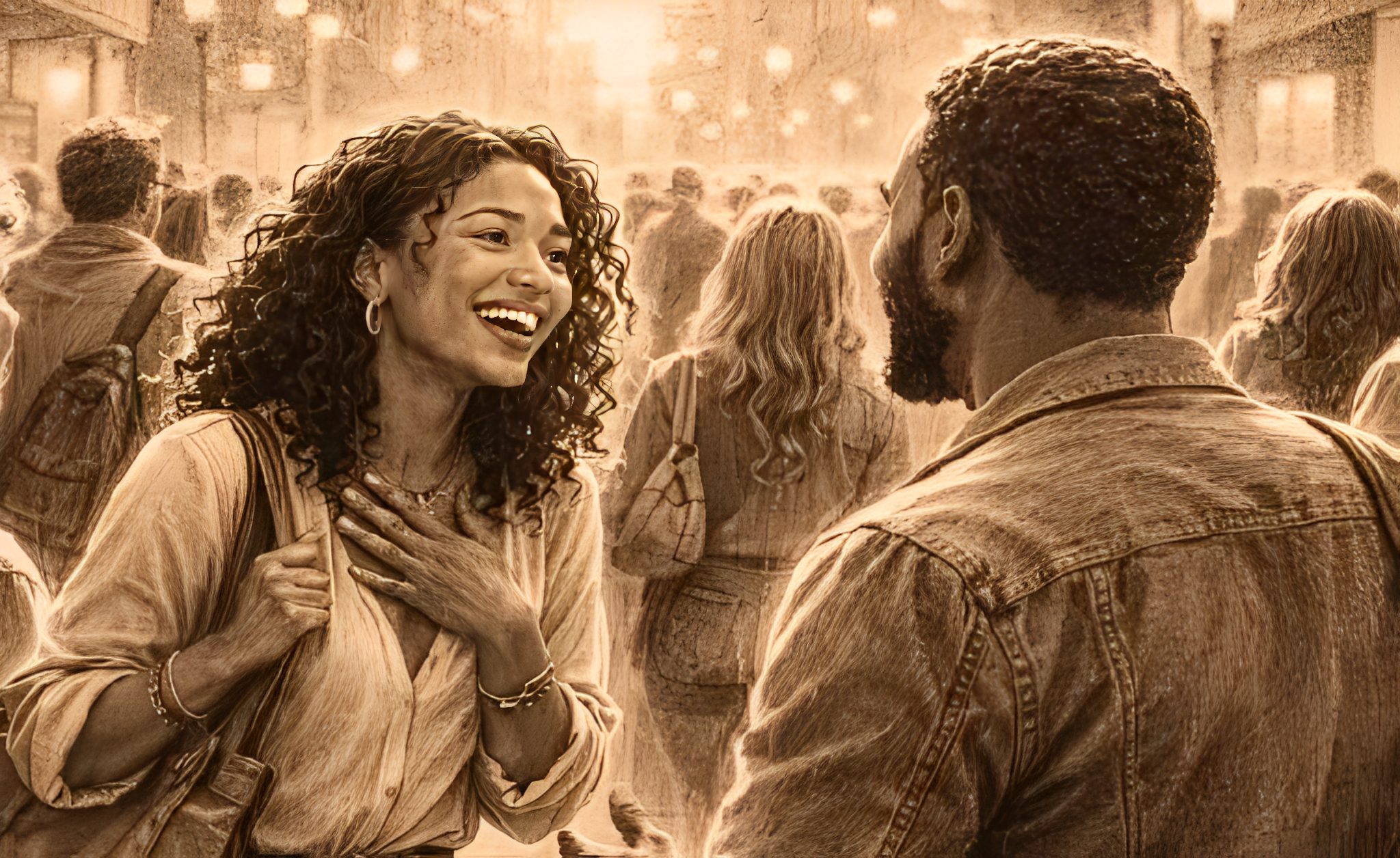 Joyful conversation in a bustling crowd
