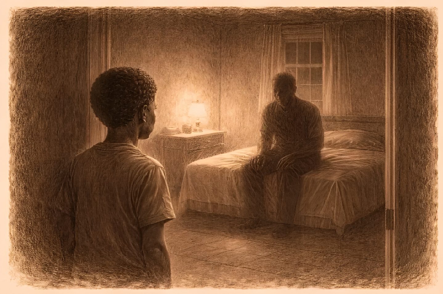 Child and shadowy figure in bedroom