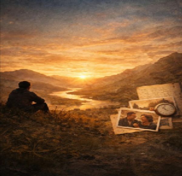Man watching sunset over river, nostalgic memories.