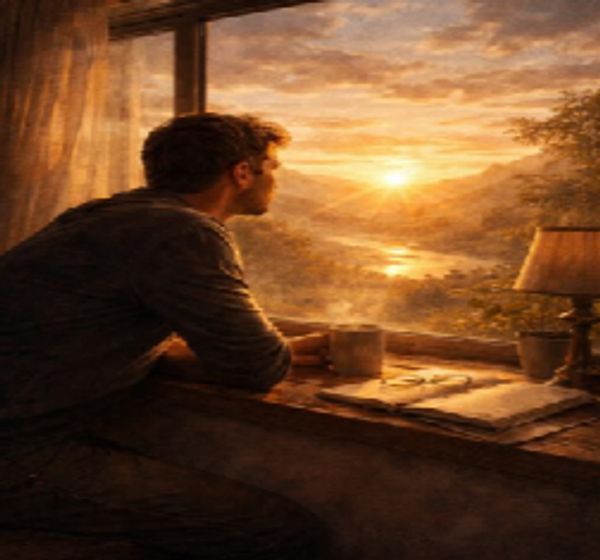Man gazing at sunset through window.
